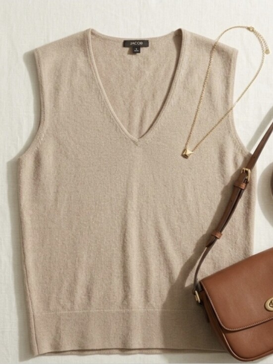 Jacob Tops - JACOB L Beige V-Neck Sleeveless Tank Minimalist Layering Essential Knit Vest Top